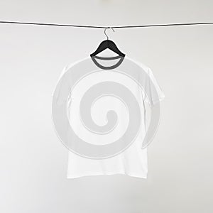 Blank White T-Shirts Mockup Hanging on Grey Wall: 3D Rendering photo