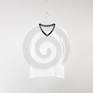Blank White T-Shirts Mockup Hanging on Grey Wall: 3D Rendering photo