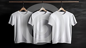 Blank white t-shirts set hanging on hanger’s mockup dark black background