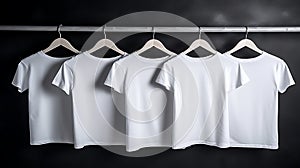 Blank white t-shirts set hanging on hangerâs mockup dark black background