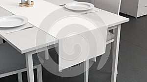 Blank white table runner and dishes mockup crop, interior background