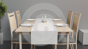 Blank white table runner and dishes mockup, interior background