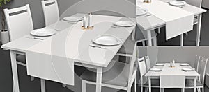 Blank white table runner and dishes mockup, interior background