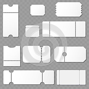 Blank White Ticket Templates with Perforation on Transparent Background Vector