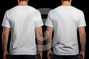 Blank white tshirt template on black background, front and back view, Male model wearing a white half sleeves tshirt on a Black