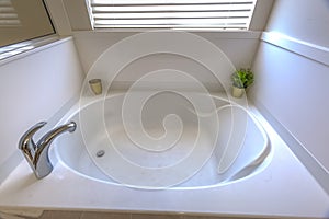 Blank white tub with window and shower beside