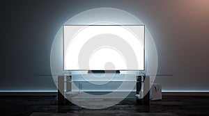 Blank white tv screen interior in darkness mockup photo