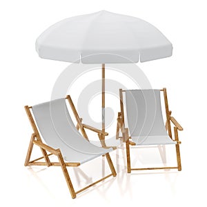 Blank white two sun chairs and umbrella isolated on white background