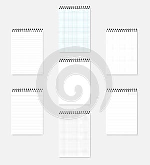 Blank white and variously lined top spiral A4 notepads - mock-up set