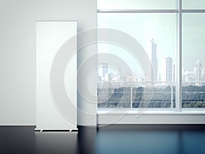 Blank white vertical banner in the office interior . 3d rendering