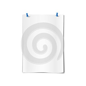 Blank white vertical paper sheet with two push pins - mockup. Important note with pushpins. Memo sticker, reminder - mock-up