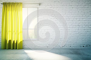 Blank white wall with yellow curtain and concrete floor, mock up