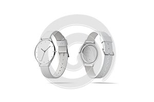 Blank white watch wristlet mockup, isolated, front and back side