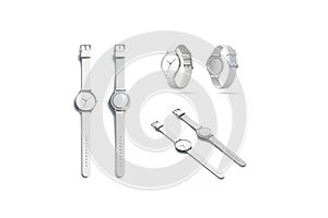 Blank white watch wristlet mockup set, isolated, front and back