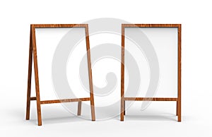 Blank white wooden outdoor advertising stand mockup set, , 3d rendering. Clear street signage board mock up. A-board