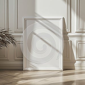 a blank white wooden picture frame leaning against a wooden wall