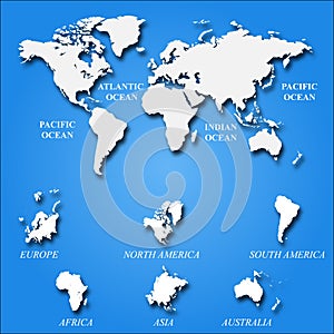 Blank white World map on blue background. Worldmap Vector template for website, design, cover, annual reports, infographi