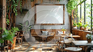 Blank whiteboard on the wall with an inviting restaurant interior mockup, inviting, blank, whiteboard, wall.