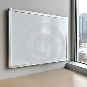 Blank whiteboard on wall in a modern office setting.