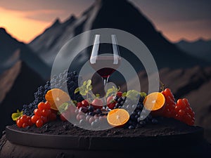 blank The wine glass is decorated with fruit on top of the glass podium mockup in lava stream for product presentation and lava