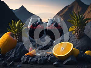 blank The wine glass is decorated with fruit on top of the glass podium mockup in lava stream for product presentation and lava