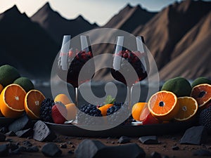 blank The wine glass is decorated with fruit on top of the glass podium mockup in lava stream for product presentation and lava