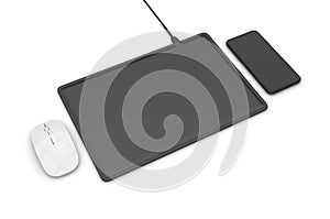 Blank Wireless Charging Mouse Pad with computer mouse for branding or design presentation. 3d render illustration.