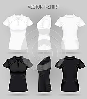 Blank women`s white and black short sleeve polo shirt in front, back and side views. Realistic female t-shirts