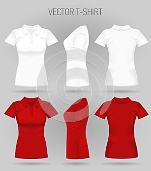 Blank women`s white and red short sleeve polo shirt in front, back and side views. Realistic female t-shirts