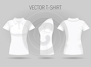Blank women`s white short sleeve polo shirt in front, back and side views. Realistic female t-shirts