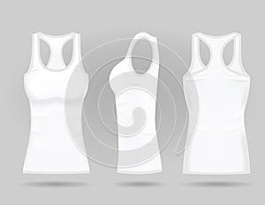 Blank women`s white tank top in front, back and side views. Realistic female sport shirts