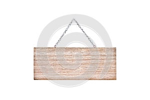 Blank wood sign frame with old steel chain hanging isolated on white background , clipping path