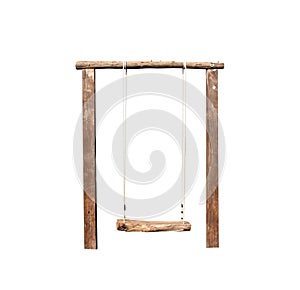 Blank wood swing with rope hanging in playground isolated on white background , clipping path