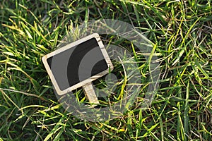 Blank wooden blackboard label in grass background