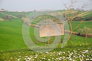 Blank wooden board hanging on rope in countryside. Space for text