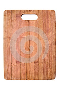 Blank wooden cutting board on white background isolated close up top view, one empty natural brown wood chopping board