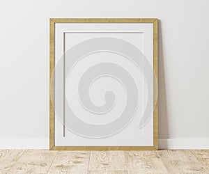Blank wooden frame with mat on wooden floor with white wall, 4:5 ratio - 40x50 cm, 16 x 20 inches, poster frame mock up, 3d render