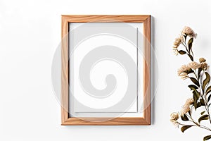 Blank wooden frame mockup on white background. Generative ai