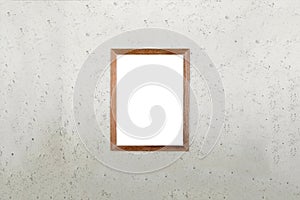 Blank wooden frame picture on cement wall background. White board.