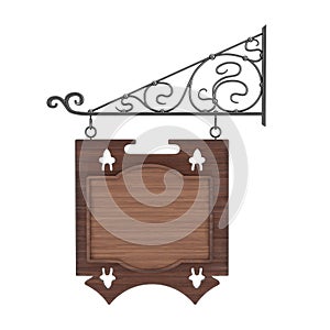 Blank Wooden Hanging Sign with Free space for Your Design and Floral Forging Elements. 3d Rendering