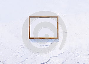 Blank Wooden Photo Frame on white textured wall Background