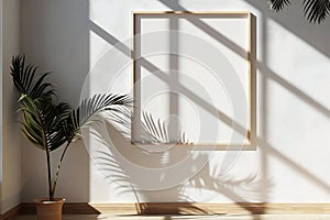 Blank wooden picture frame hanging onwhite wall. Empty poster mockup for art display in sunlight. Minimal interior