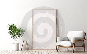 Blank wooden picture frame mockup on off white wall in modern interior. Vertical artwork template mock up for artwork, painting,