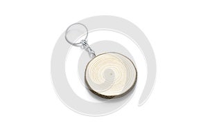 Blank wooden round tag on chain mockup, side view