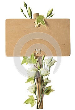 Blank Wooden Sign with Green Roses Flowers photo