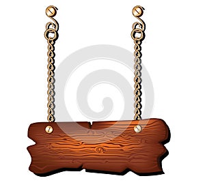 Blank wooden signboard hanging on chain isolated