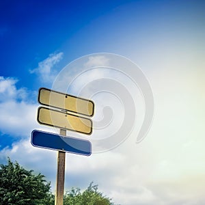 Blank wooden signpost with blue sky background and copy space. Generated AI