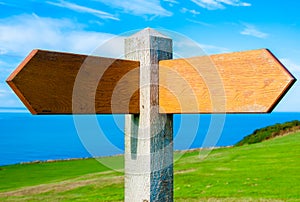 Blank wooden signpost with two arrows over clear blue sky with copy space