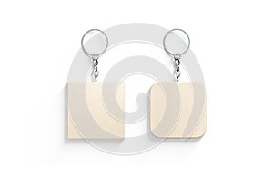 Blank wooden square tag on chain mockup, top view photo