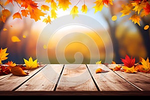 Blank wooden table for product placement with leaves and blurred autumn background. Generative ai